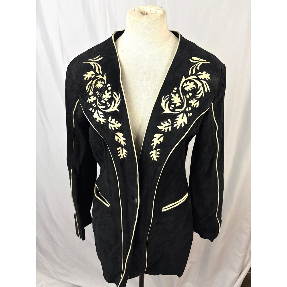 Handmade Suede Jacket Black Western Applique Tailored Vintage OOAK - Picture 14 of 16
